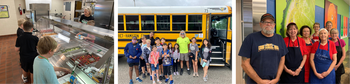 Photos of students getting lunch, a bus driver posing with students and the Nagel food service team